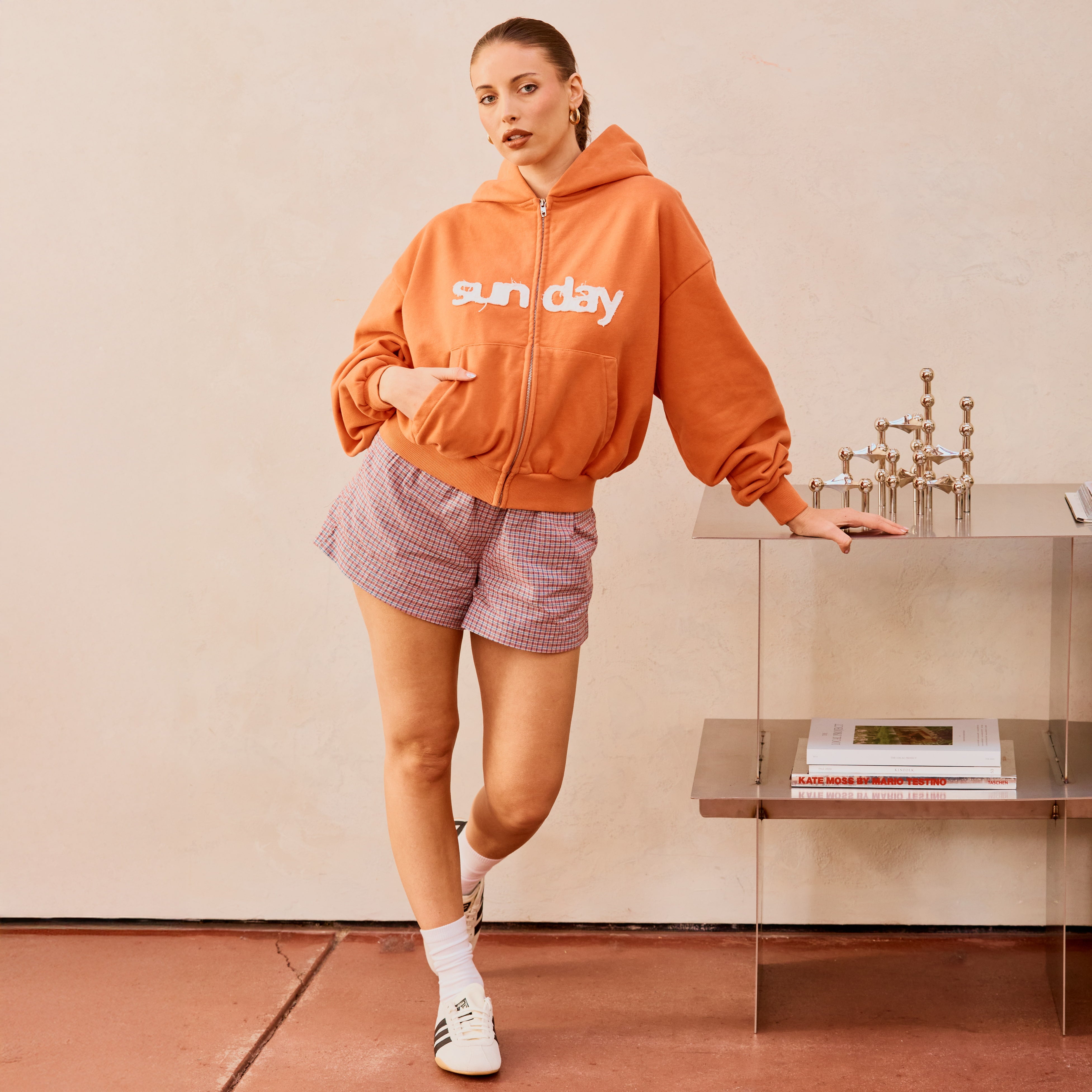 heavyweight appliqué zip-up - vintage orange